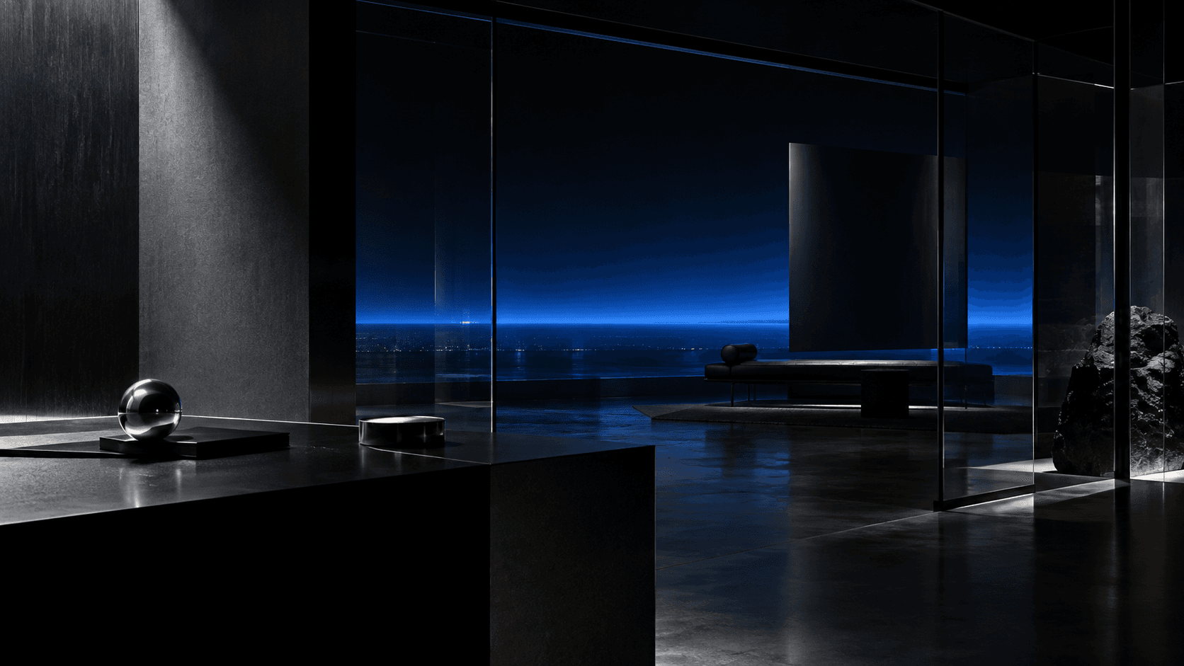Abstract dark studio environment with reflected blue light